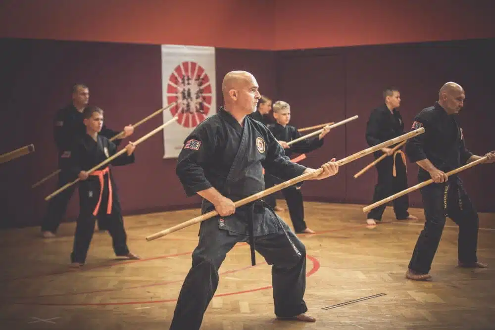 Kraftvolle Praxis einer Kata: In heller Turnhalle mit dem Hintergrund des Sochin Ryu Kobudo Logos stehen zahlreiche Schüler und Meister des Kobudo mit Langstöcken in Angriffsposition.